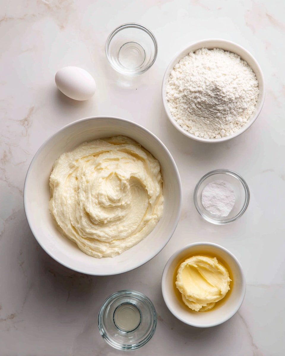 The image shows five white bowls arranged on a white marbled surface. In the center is a bowl filled with a thick, creamy, off-white mixture. To the upper right is a bowl with white flour. Below the flour bowl is a bowl containing melted butter with a yellow and smooth texture. To the upper left is a small bowl holding a whole raw egg with a smooth white shell. Below that are two small glass bowls, one containing a small amount of clear liquid and the other empty or with a clear powder. The scene is clean and well-lit with soft natural light photo taken with an iphone --ar 4:5 --v 7