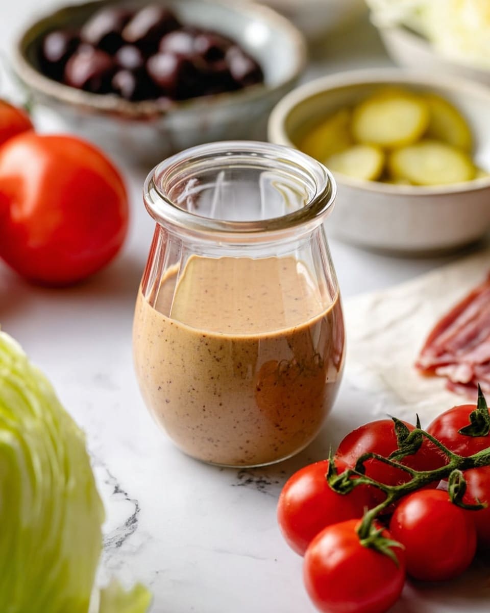 A clear glass jar filled about three-quarters with a thick, creamy light brown sauce speckled with darker bits sits in the center on a white marbled surface. In front of the jar is a bunch of shiny, bright red cherry tomatoes on green stems. To the right side, there is a piece of thinly sliced meat with white fat streaks on parchment paper. Behind the jar, there is a white bowl containing sliced pale green pickles. In the background, a small metal bowl holds dark black olives, and there is a large light green cabbage slightly blurred. photo taken with an iphone --ar 4:5 --v 7