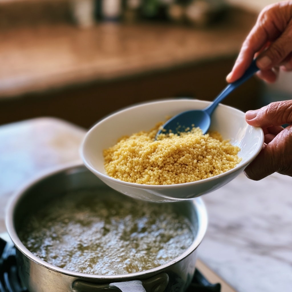 A close-up view shows yellow round grains being scooped from a white bowl using a blue spoon, held by a woman's hand on the right side. Below, a silver pot filled with bubbling water sits on a stove with a small part of the black burner visible. The background features a blurred brown countertop and kitchen items, while all elements rest on a white marbled surface. photo taken with an iphone --ar 4:5 --v 7