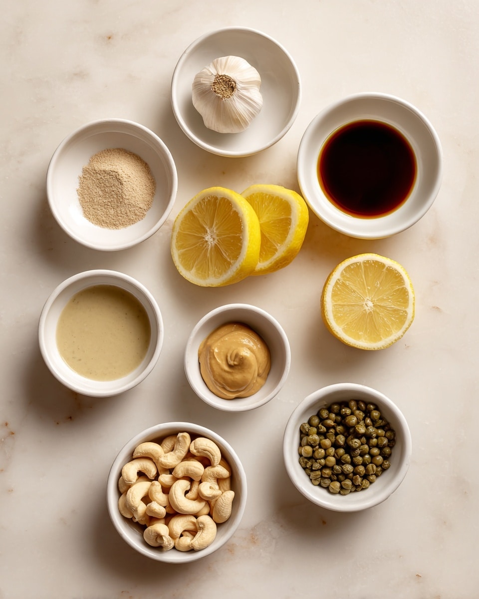 Nine small white bowls are arranged in a loose circle on a white marbled surface, each holding a different ingredient. Starting from the top and moving clockwise, the first bowl contains a small clove of pale garlic, the next holds two bright yellow lemon halves. The third bowl has a light brown powder labeled garlic powder, followed by a dark brown liquid in the fourth bowl labeled vegan Worcestershire sauce. The fifth bowl is empty and labeled water. The sixth bowl contains a smooth dollop of light brown Dijon mustard. Next, the seventh bowl is filled with light tan cashew nuts. The eighth bowl holds greenish-brown capers. Each bowl is clean and white, with the labels placed outside near them on the marbled background, giving a neat and clear view of the separate ingredients photo taken with an iphone --ar 4:5 --v 7