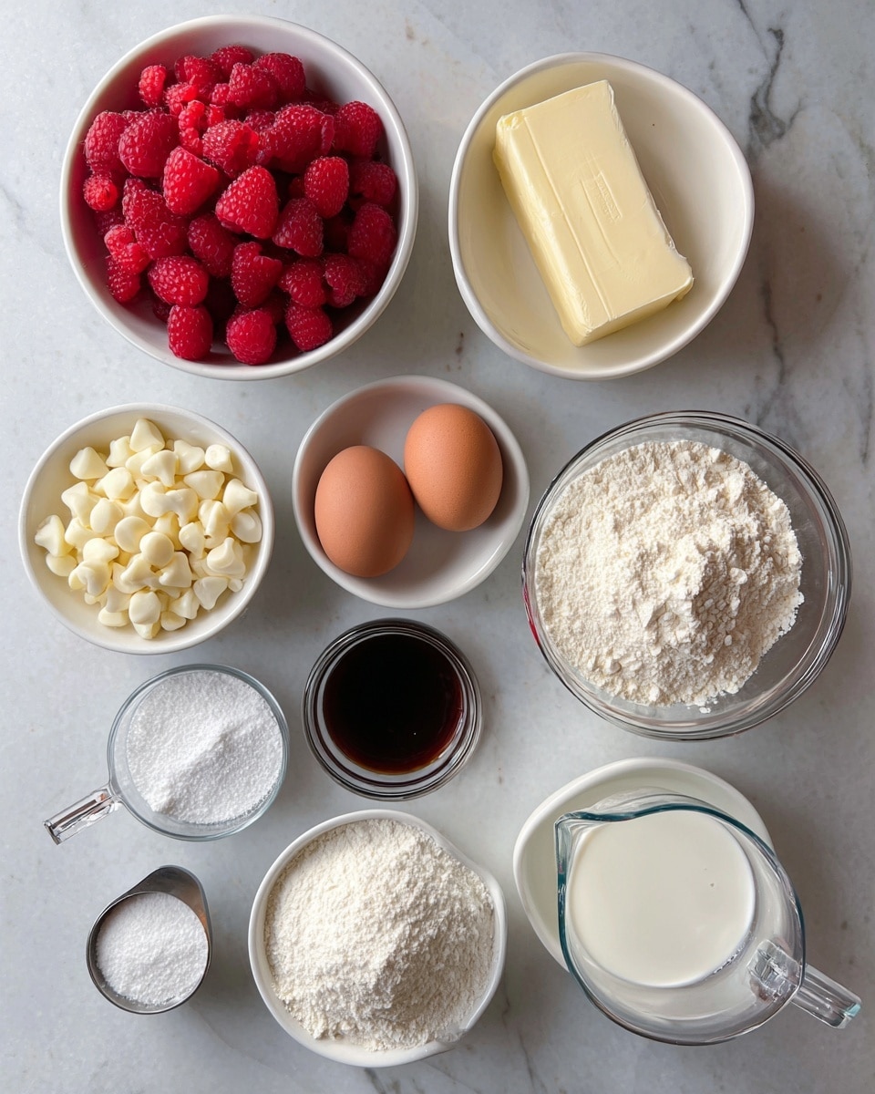 A white marbled surface holds multiple white bowls and a glass measuring cup arranged neatly. At the top left, a white bowl is filled with bright red raspberries. Next to it on the right is a white bowl holding a light yellow stick of butter. Below the raspberries, a white bowl is full of small white chocolate chips, and near the center two brown eggs rest on the surface. A small silver cup contains dark brown vanilla extract next to the eggs. Below these, a clear glass bowl shows white powders, likely baking soda, baking powder, and salt. Towards the bottom left, a white bowl is filled with white granulated sugar. Below the sugar, to the right, another white bowl holds a heap of white flour. To the left of the flour, a small silver spoon holds a dollop of white sour cream or yogurt. A glass measuring cup on the right side is filled with a white liquid, possibly buttermilk. photo taken with an iphone --ar 4:5 --v 7