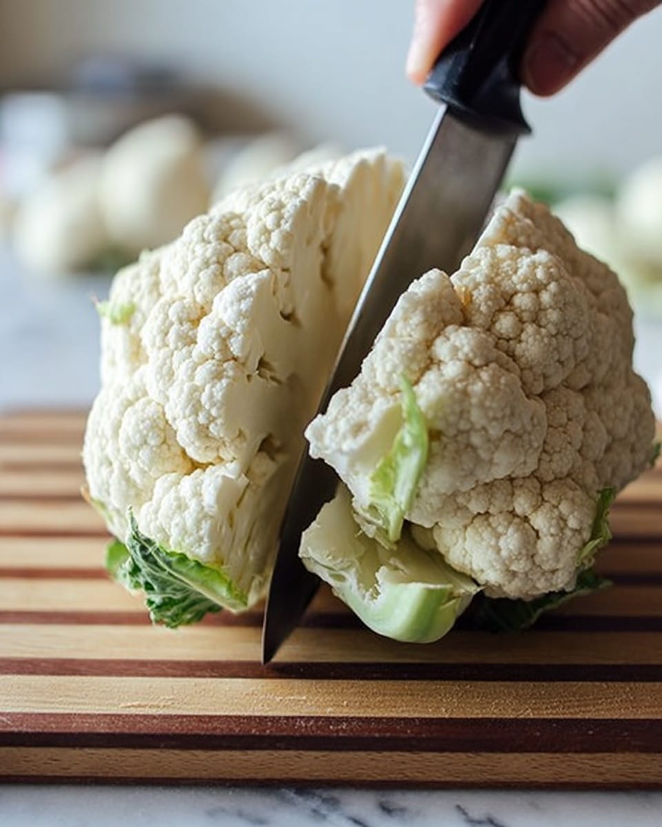 The image shows a whole cauliflower with mostly white, tightly packed florets and some green leaves near the base, partially sliced in two with a knife. The knife blade is inserted vertically into the cauliflower, with the black handle held by a woman's hand. The cauliflower rests on a wooden cutting board with horizontal lines. The background is softly blurred but the surface beneath the cutting board is a white marbled texture. photo taken with an iphone --ar 4:5 --v 7