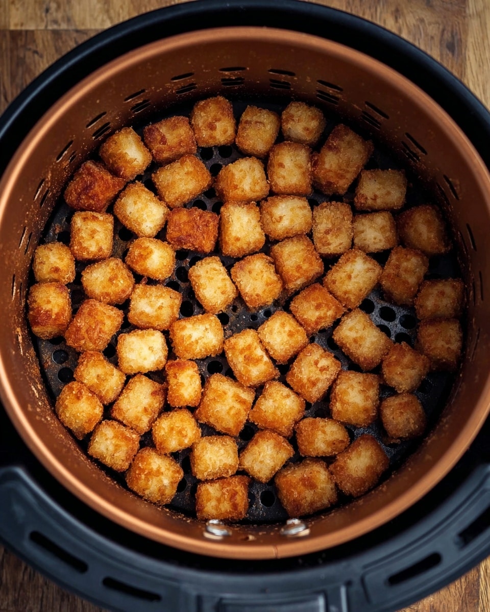 The image shows small, golden-brown cubes of fried food inside a round air fryer basket. The cubes are evenly spread out in one layer, each with a crispy, textured surface, varying in shades of light to medium brown. The basket is dark-colored with small holes on the surface, and it has a copper-toned inner rim. The background visible at the edges is a wooden texture. photo taken with an iphone --ar 4:5 --v 7