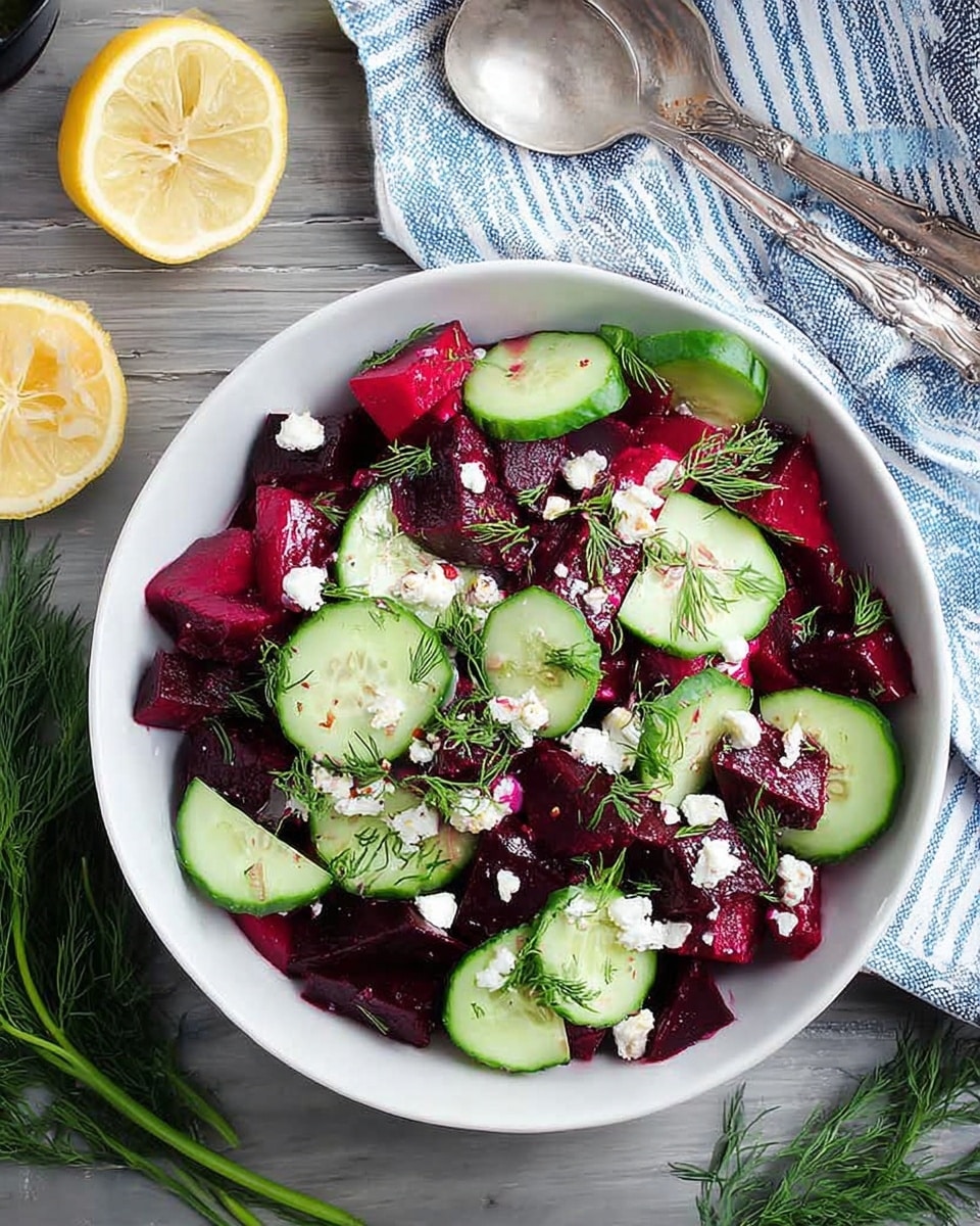 A close-up of a spoon holding a colorful salad with three layers: the bottom layer is dark red beet pieces, the middle layer is thin green cucumber slices, and the top layer has small white crumbles of cheese and bright green dill leaves. The spoon is held above a white bowl filled with the same salad, all placed on a white marbled surface. photo taken with an iphone --ar 4:5 --v 7
