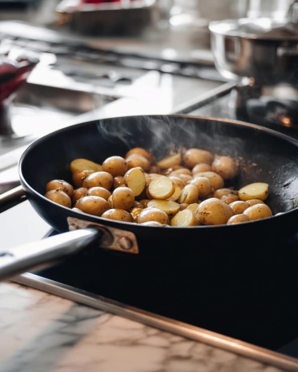 A black frying pan sits on a stove with a silver handle pointing left. Inside the pan, many small round potatoes with light brown skin and pale yellow insides are being cooked, some sliced in halves. Steam rises from the pan, showing heat. The background is blurred kitchen items and a white marbled surface under the stove. photo taken with an iphone --ar 4:5 --v 7