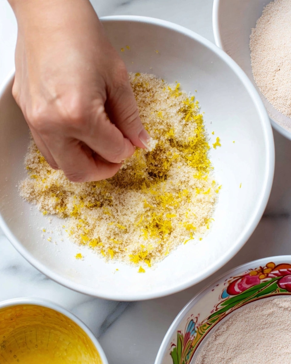A close-up image shows a woman's hand pinching and mixing a textured blend of coarse white sugar and bright yellow lemon zest inside a large white bowl. The sugar grains are clear and crystalline, while the zest pieces add small, vibrant yellow patches scattered throughout the mixture. Two other bowls partially visible on the right side, one is white with marked measurement lines containing liquid, and the other is white with a colorful floral rim holding a dry pale powder. The whole scene is set on a white marbled surface. photo taken with an iphone --ar 4:5 --v 7