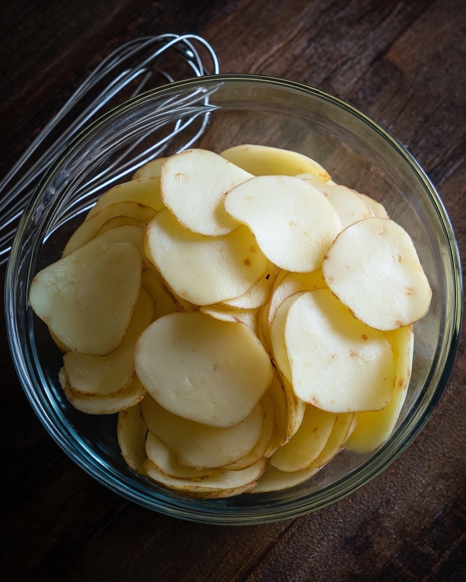 A clear glass bowl filled with thin, pale yellow slices of raw potato stacked loosely in layers, showing smooth, slightly wet surfaces and some small brown spots near the edges. The bowl rests on a dark wooden surface and a metal whisk is partially visible behind the potato slices. photo taken with an iphone --ar 4:5 --v 7