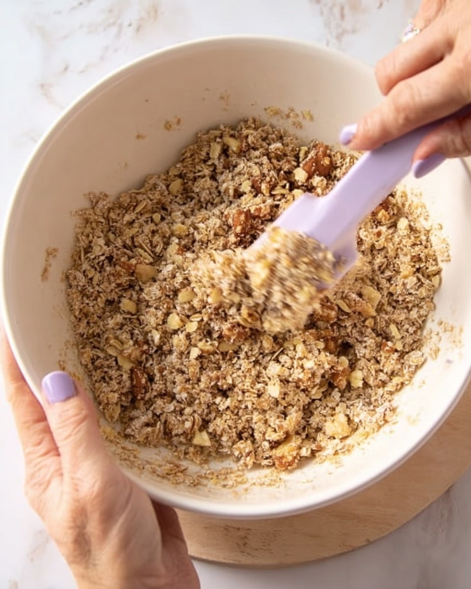 A close-up view of a white bowl filled with a crumbly mix of oats and chopped nuts, showing a rough texture with small clusters. A woman's hand holds the bowl steady while another woman's hand stirs or scrapes the mixture with a light purple spatula. The background is a white marbled surface and a light wooden round board is partially visible under the bowl. The colors are mainly light brown and beige from the oats and nuts, with the woman's light skin and purple-painted nails adding soft tones. Photo taken with an iphone --ar 4:5 --v 7