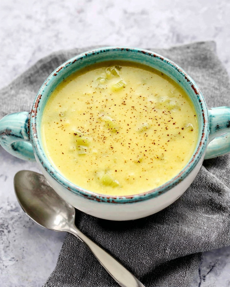 There is a single bowl of thick, creamy yellow soup with small green and light chunks inside, indicating veggies like celery or leek. The bowl is white with a distressed teal rim and two handles, sitting on a white marbled surface. A folded gray cloth napkin is placed near the bowl, and a spoon with a white handle and metal head rests on the napkin to the side. The soup texture looks smooth with tiny bubbles and black specks of seasoning. photo taken with an iphone --ar 4:5 --v 7