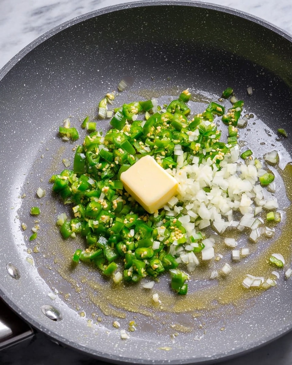 A frying pan with a grey non-stick surface filled with finely chopped green jalapeño pieces and small white onion cubes scattered in the center. A small square of pale yellow butter sits on top of the onions. The pan has a light coating of oil glistening on the cooking surface, and the pan's handle is visible on the left side. The background is a white marbled texture photo taken with an iphone --ar 4:5 --v 7