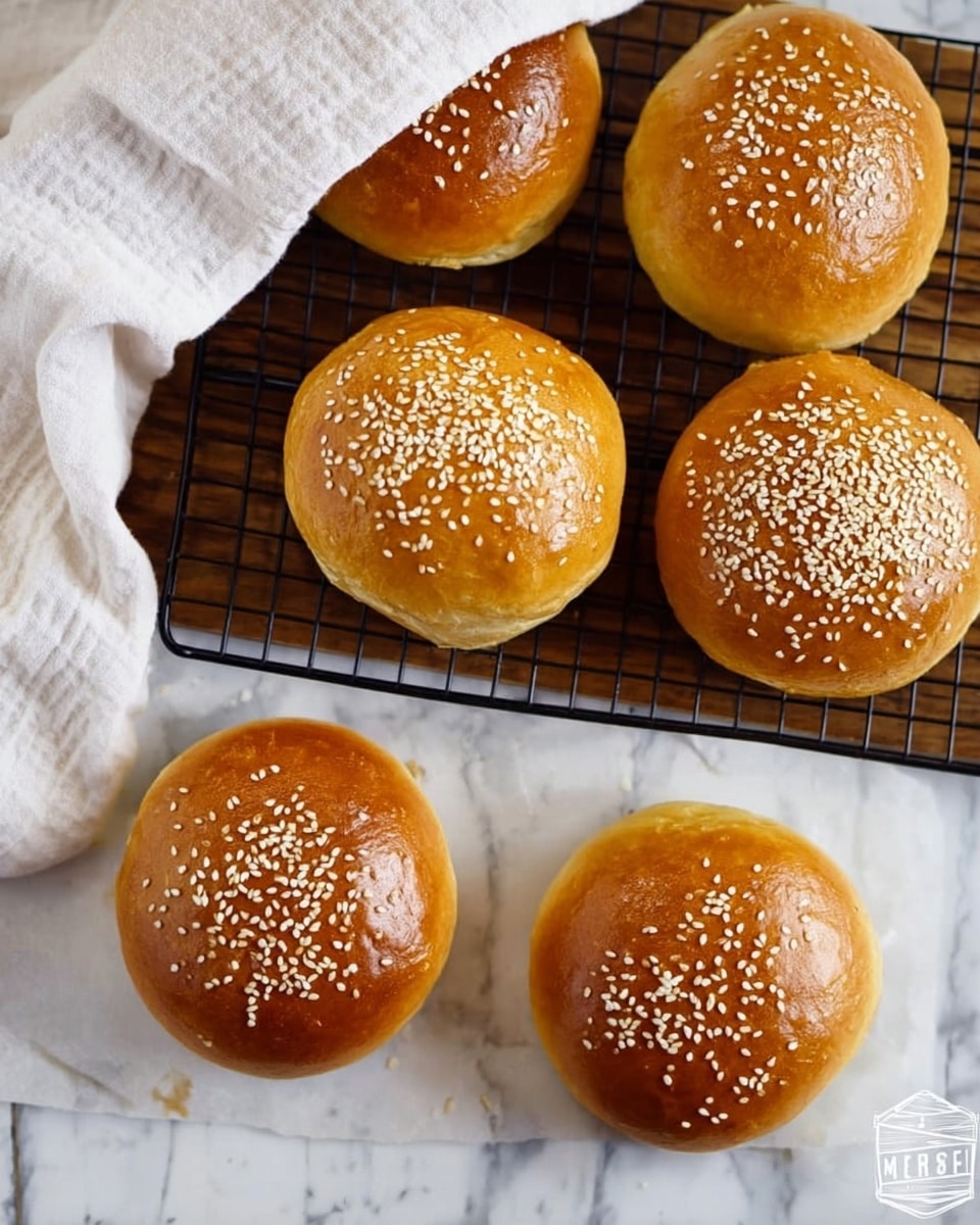 The image shows four shiny, golden brown sesame seed buns on a white marbled surface. Three buns remain whole, with a glossy top sprinkled evenly with white sesame seeds. One bun is cut open, laying flat with the soft, slightly off-white, and fluffy inner texture visible. A knife with a wooden handle rests beside them. Part of a black cooling rack holding two buns is visible in the upper left corner. Photo taken with an iphone --ar 4:5 --v 7