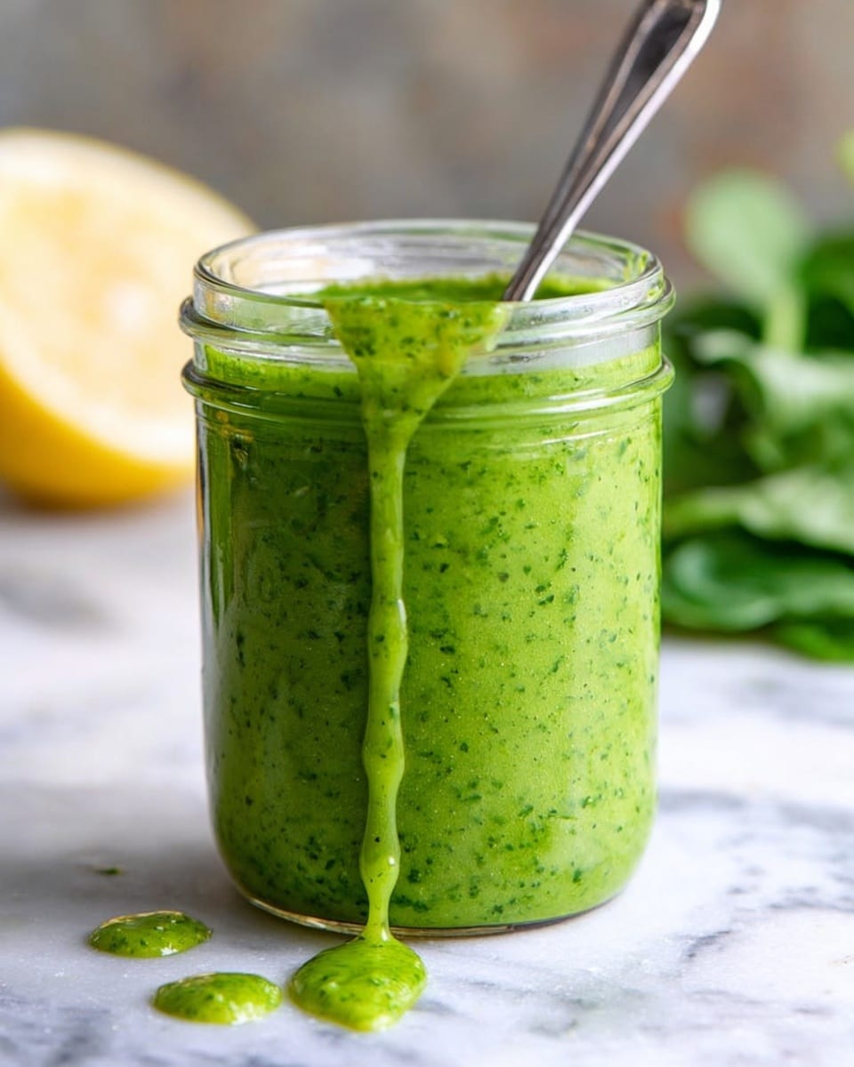 A clear glass jar filled with bright green sauce that has a thick and slightly chunky texture. The sauce overflows a little on one side, dripping down the jar with three drops resting on the white marbled surface below. A metal spoon is placed inside the jar, the handle sticking out. In the background, there is a halved lemon to the left and some green leaves blurred out to the right. The setting uses soft lighting to highlight the fresh look of the sauce photo taken with an iphone --ar 4:5 --v 7