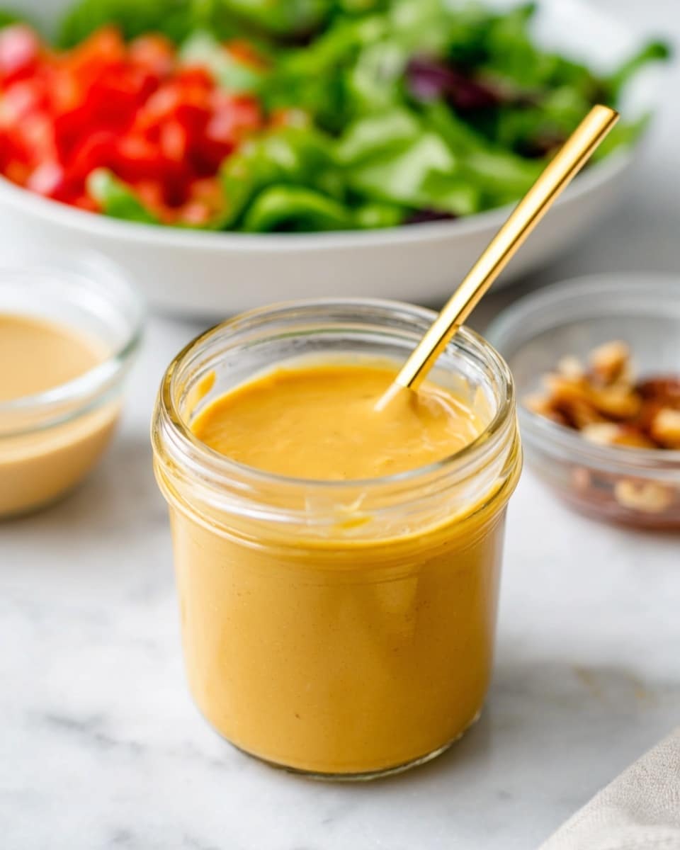 A small glass jar filled nearly to the top with a smooth, creamy golden-yellow sauce with a shiny surface, a thin golden spoon dipped into it. In the background, slightly blurred, there is a white bowl with fresh green leafy salad and chopped red tomatoes, along with two small clear glass bowls, one containing a beige creamy dip and the other holding honey with some nuts. All items are placed on a white marbled surface. photo taken with an iphone --ar 4:5 --v 7