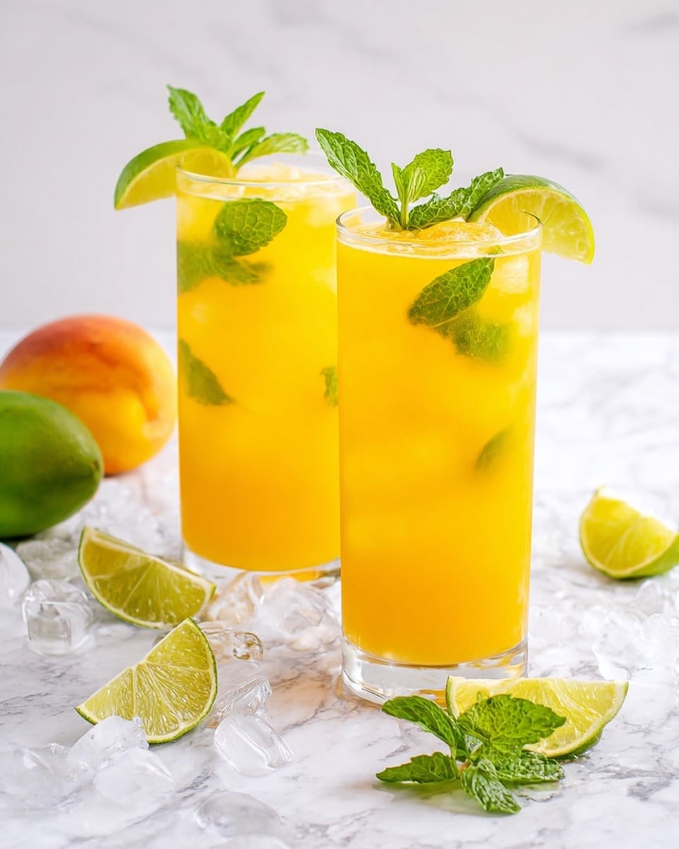 Two tall clear glasses filled with bright yellow-orange juice, each glass containing a few green mint leaves floating inside. Both drinks have ice cubes visible near the top and a slice of lime garnishing the rim with a small green mint sprig on each. The glasses show vertical cuts that create a textured look. The setup is on a white marbled surface, with a whole orange on the left, a wedge of lime in front, a small green mint leaf next to it, and a partially sliced yellow fruit on the right. The lighting is soft and natural, highlighting the refreshing look of the drinks. Photo taken with an iphone --ar 4:5 --v 7