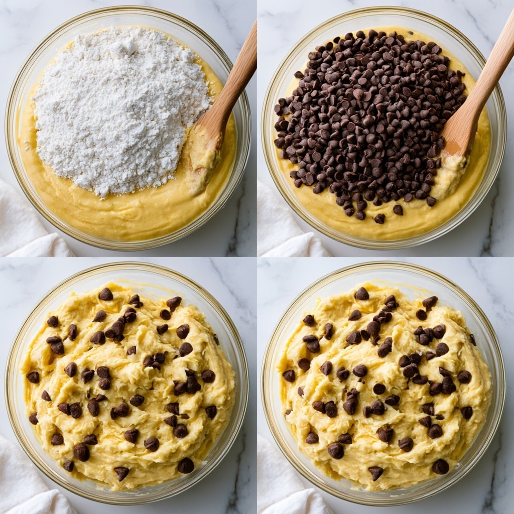A clear glass bowl sits on a white marbled surface, holding a pale yellow batter in four stages. In the first stage, a thick layer of white flour is sitting on top of the smooth yellow batter with a wooden spoon resting inside, partially covered in batter. In the second stage, dark brown chocolate chips cover the yellow batter, again with a wooden spoon dipped into the mixture. The third and fourth stages show the batter mixed thoroughly with chocolate chips spread evenly throughout the lighter yellow creamy batter, both images looking very similar, with the last labeled