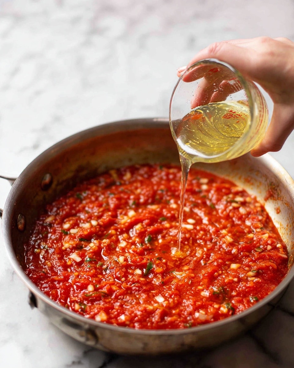 A shiny silver pan filled with a thick, chunky red tomato sauce that has small pieces of white onions and green herbs mixed evenly throughout. A woman's hand is holding a clear glass measuring cup pouring a light yellow liquid into the sauce, which sits on a white marbled surface. The sauce has a rich texture with visible bits of vegetables and spices, swirling softly near the center as the liquid is being added. photo taken with an iphone --ar 4:5 --v 7