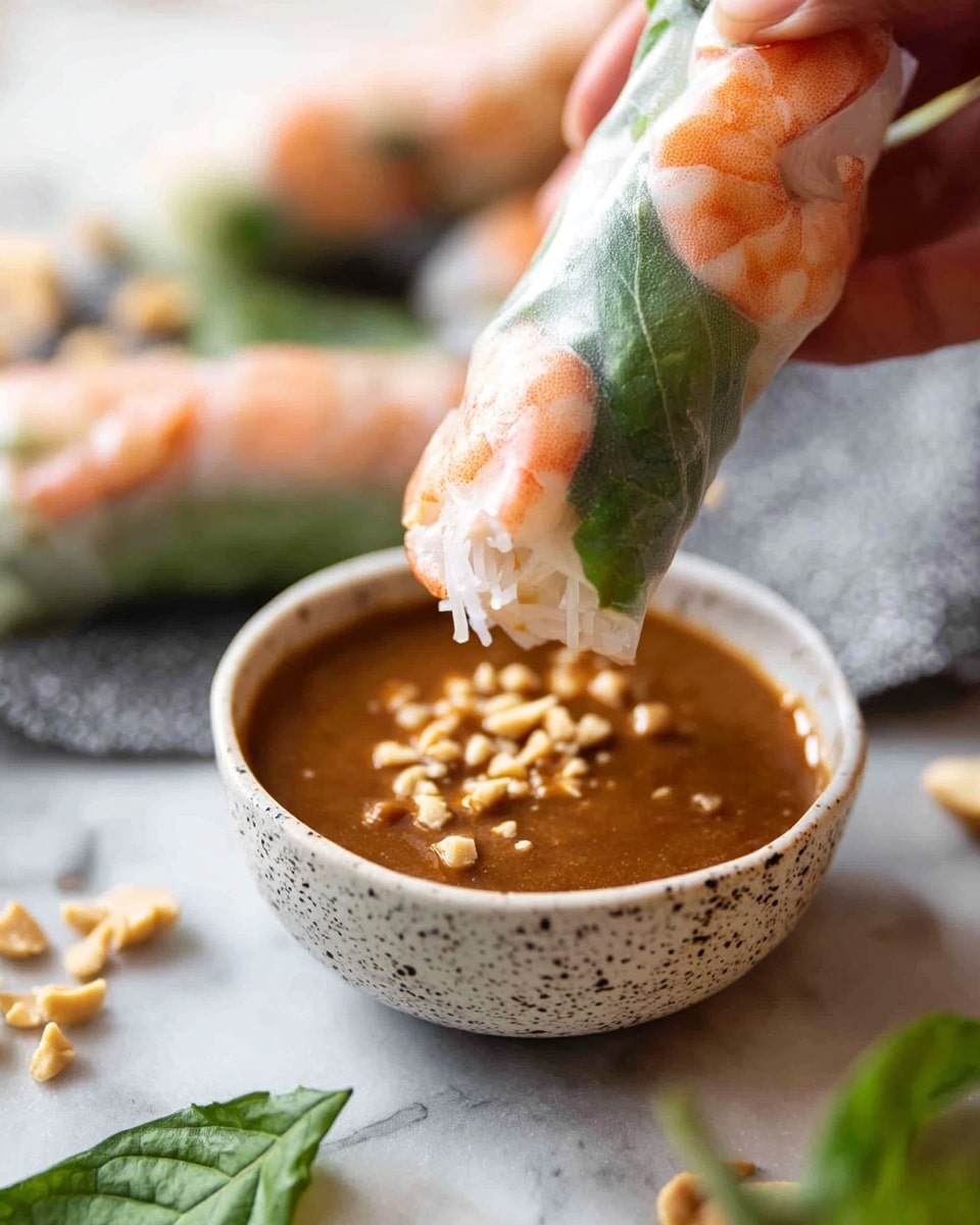 A close-up view shows a woman's hand holding a translucent spring roll with visible pink shrimp inside along with green leaves and white rice paper. The spring roll is being dipped halfway into a small white bowl filled with thick brown peanut sauce topped with small crushed peanuts. The bowl is set on a white marbled surface with scattered green leaves and crushed peanuts around it. The image background is softly blurred to highlight the spring roll and sauce. photo taken with an iphone --ar 4:5 --v 7