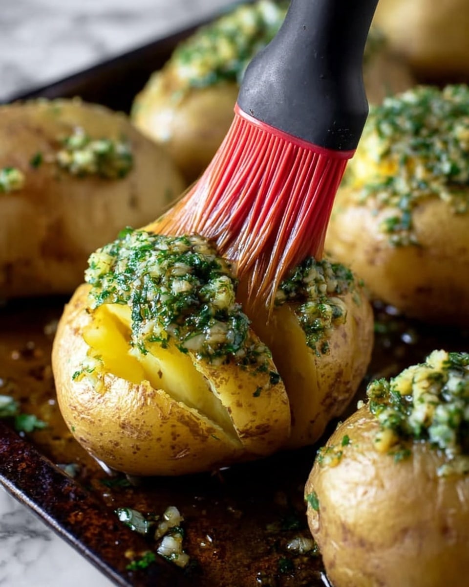 The image shows several soft, cracked open light brown potatoes placed on a dark baking tray. The potatoes have a rough, yellowish inside, visible through the splits. A brush with a black handle and red bristles is spreading a green herb mixture made of small chopped leaves and minced garlic on the top of one potato in the center. The herb topping looks fresh and slightly oily. The background features more similar potatoes, all coated with the same green topping. The surface under the tray is a white marbled texture. Photo taken with an iphone --ar 4:5 --v 7
