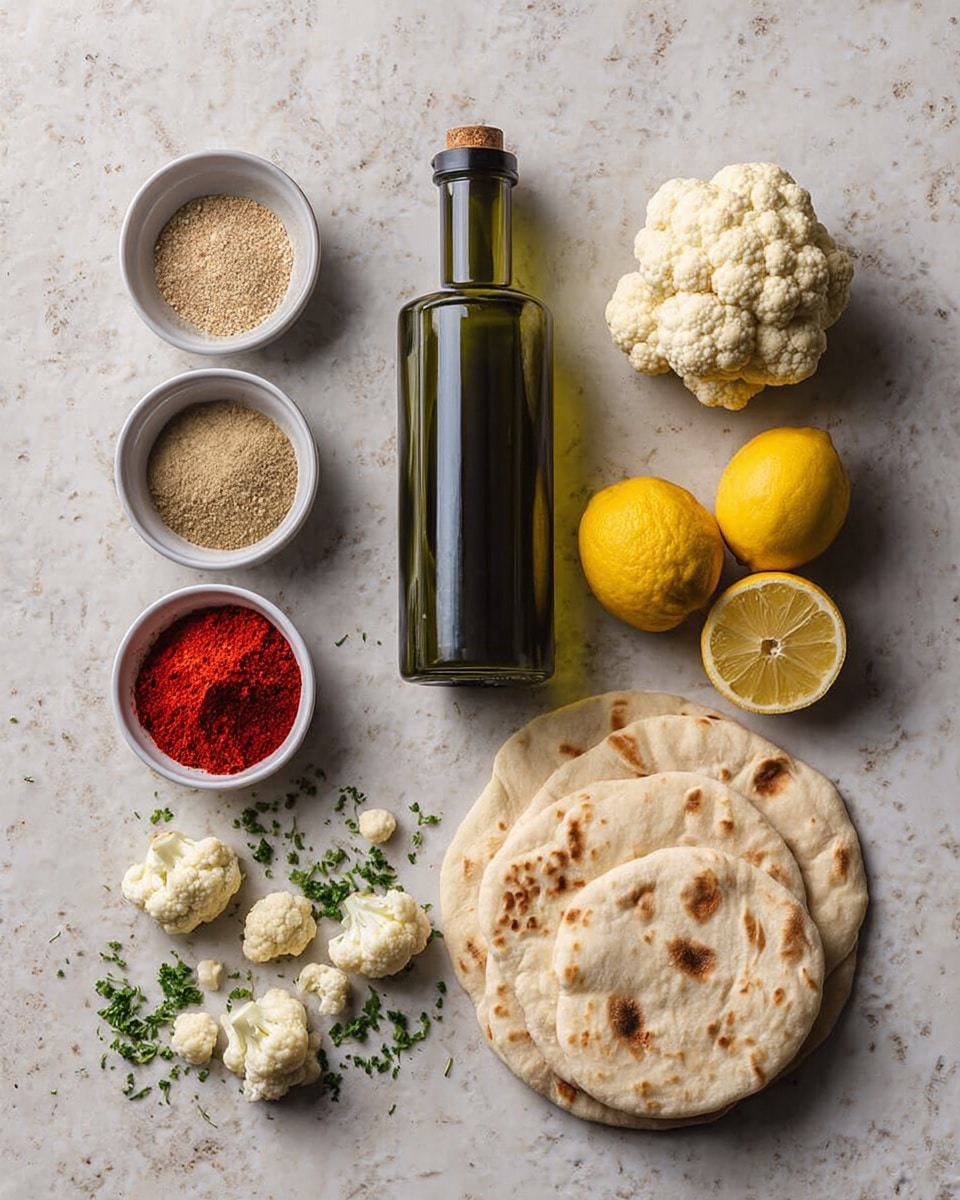 A white marbled surface holds a row of three small white bowls stacked vertically on the left side, filled with bright red powder, a mix of salt and herbs, and light brown powder from top to bottom. Next to the bowls is a tall, dark green olive oil bottle. In the center, there are small white cauliflower florets scattered with tiny green herb pieces around them. On the right are two whole bright yellow lemons with one lemon cut in half showing its juicy inside. Next to the lemons is a neat stack of round, soft beige pita breads with light brown spots. photo taken with an iphone --ar 4:5 --v 7