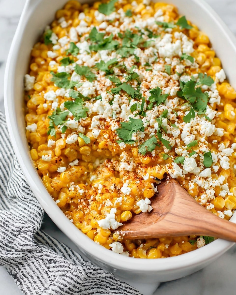A white oval dish filled with a layer of bright yellow cooked corn kernels, topped with white crumbly cheese scattered unevenly across the top. Fresh green chopped cilantro is sprinkled on top, adding color contrast, along with a light dusting of reddish-brown seasoning over the cheese and corn. A wooden spoon scoops a portion from the right side, showing the corn and toppings slightly lifted with texture visible in the moist kernels and crumbly cheese. The dish is placed on a white marbled surface next to a striped cloth. photo taken with an iphone --ar 4:5 --v 7
