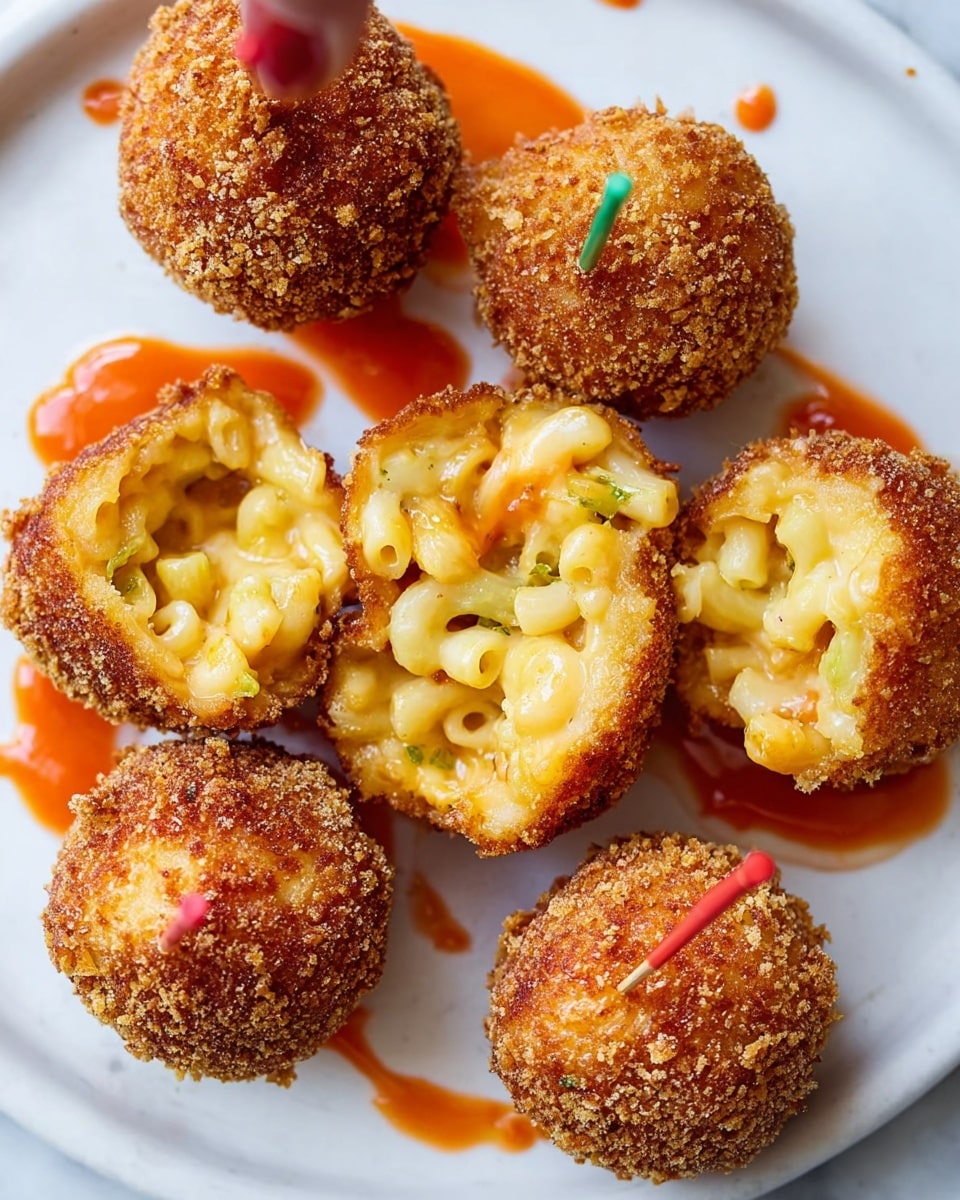 The image shows round, golden-brown fried balls with a crispy, crumbly outer layer. Inside, the balls have a soft filling of creamy macaroni with a light yellow color, some pieces visible through the opened tops. A bright orange sauce is dripped on and around the balls, adding a splash of color to the white plate. The plate sits on a white marbled surface, and some balls have small colored toothpicks, with a woman’s hand holding one from the top left. photo taken with an iphone --ar 4:5 --v 7