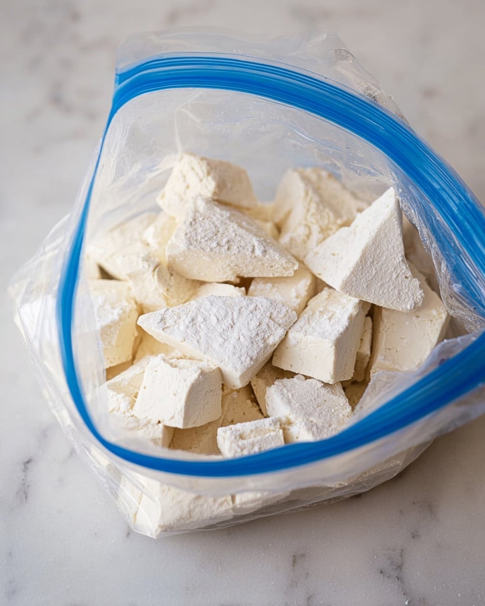 The image shows a dark rectangular baking tray filled with many small, light beige, triangular pieces arranged in several rows. Each triangle has a slightly rough, crumbly texture and is neatly spaced with some small crumbs scattered around. The tray sits on a white marbled surface, providing a clean and bright background that contrasts with the tray and the light triangles. photo taken with an iphone --ar 4:5 --v 7