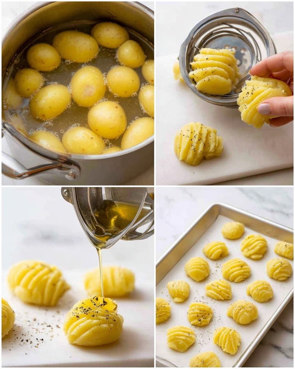 The image shows a cooking process with several stages of making mashed potato pieces. In the top left, there is a silver pot filled with whole yellow potatoes boiling in water. The other sections show small yellow mashed potato mounds placed on a white tray. A woman's hand is using a silver potato masher pressing down on one mound, creating ridged textures. Another part of the image shows a spoon pouring golden liquid, likely oil or butter, on top of a ridged mashed potato, which is sprinkled with black pepper. The bottom right displays a white baking tray with many mashed potato pieces arranged evenly, all on a white marbled surface. The scene is bright and clean, focusing on the yellow potatoes' soft texture and slight shine. photo taken with an iphone --ar 4:5 --v 7