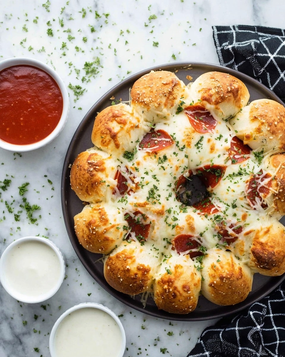 A round pizza made of 11 small bread dough balls arranged in a ring on a dark pan. Each bread ball is golden brown on top, with melted white cheese and pepperoni slices visible between them. The center is covered with melted white cheese sprinkled with finely chopped green herbs. To the top left, there is a small white bowl with red tomato sauce, and to the bottom right, there is a small white bowl with white dipping sauce. The scene is set on a white marbled surface with more green herbs scattered around and a black and white checkered cloth to the right. Photo taken with an iphone --ar 4:5 --v 7