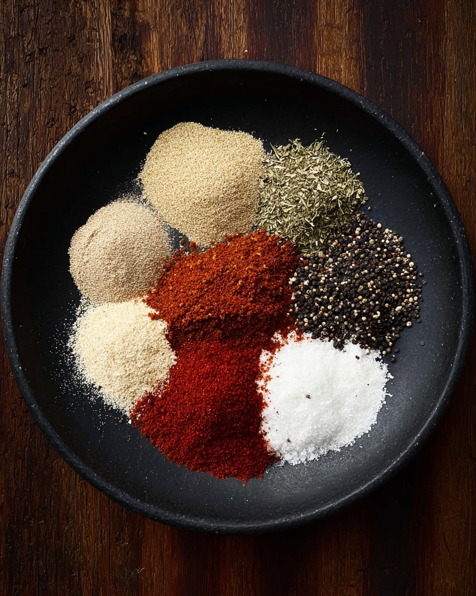 A black round plate holds seven small piles of spices arranged in a circle on a dark wooden surface. Starting from the top left and going clockwise, the first pile is light beige with a fine texture, next to it is a greenish mix of dried herbs, followed by a reddish-brown powder. On the right side is a large pile of coarse white salt, under it a mix of black and white pepper grains, a small pile of off-white flour with a crumbly texture, and finally a vibrant red chili powder in the center overlapping the two middle piles. photo taken with an iphone --ar 4:5 --v 7