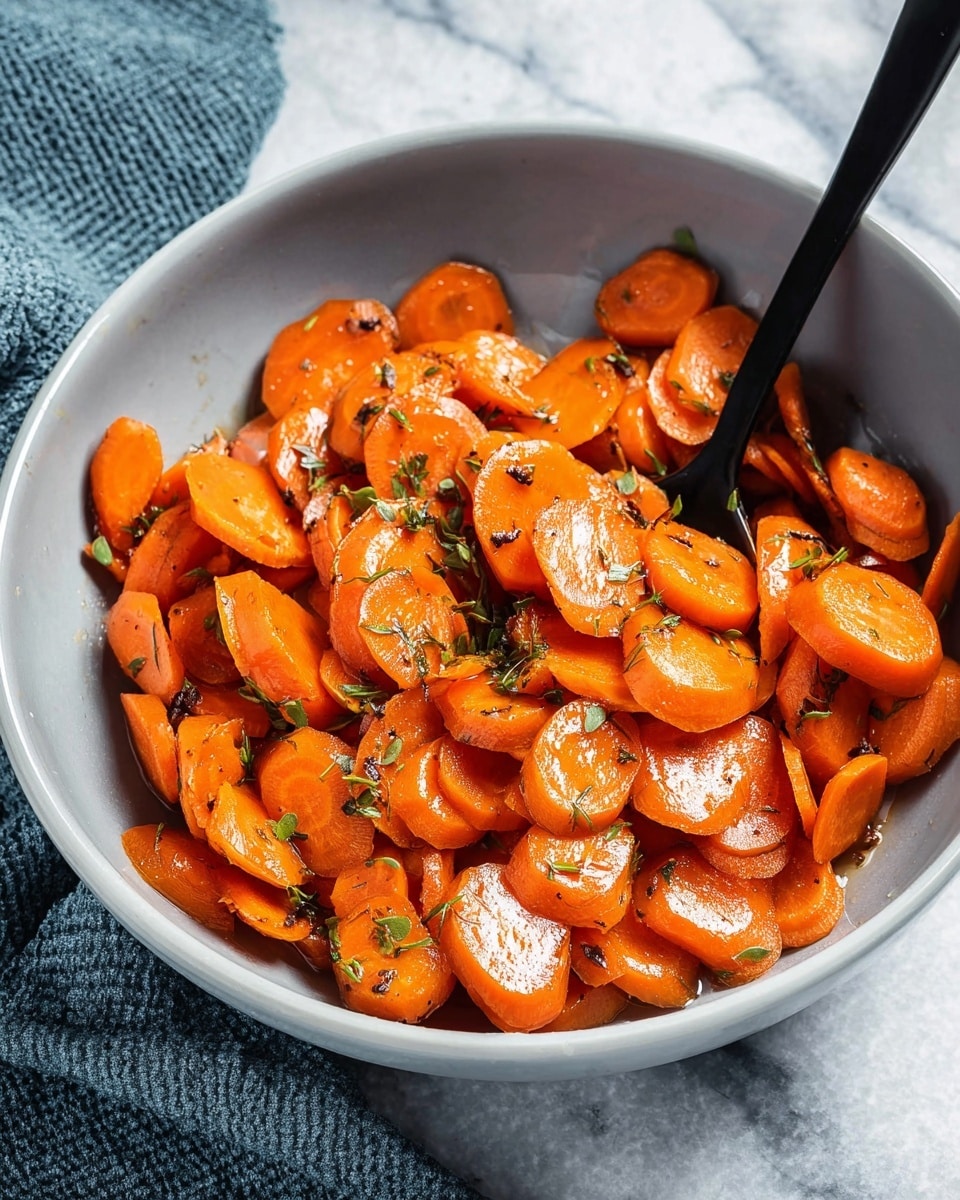 A grey pan is filled with many sliced, cooked carrots that have a shiny, glistening surface, showing they are coated in oil or butter. The carrots are mostly oval shapes with a soft, smooth texture and have small bits of green herbs sprinkled throughout. The pan sits on a white marbled surface, with a piece of blue and white striped cloth visible nearby. The light reflects gently off the carrots, making them look warm and freshly cooked photo taken with an iphone --ar 4:5 --v 7
