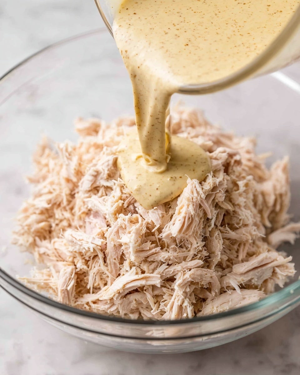 A clear glass bowl sits on a white marbled surface filled with a base layer of finely shredded light pinkish-beige shredded chicken. From above, a thick beige sauce with small black specks is being poured onto the shredded chicken, creating a smooth flowing layer that starts to cover the meat. The sauce has a creamy texture and contrasts with the fibrous texture of the shredded chicken below. Photo taken with an iphone --ar 4:5 --v 7