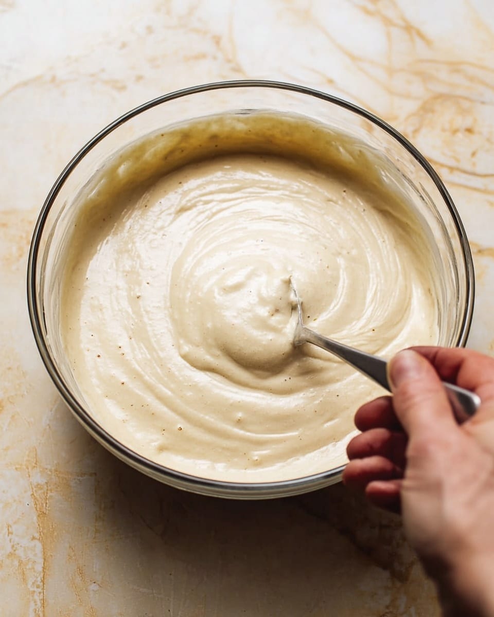 A clear glass bowl is filled with smooth, pale beige batter that has a thick, creamy texture with small bubbles throughout. A woman's hand holds a metal spoon softly swirling the batter in the center, creating gentle ridges and swirls. The bowl sits on a surface with a white marbled texture, adding a clean and bright contrast to the batter's light color. The focus is on the batter's smoothness and creamy movement. photo taken with an iphone --ar 4:5 --v 7