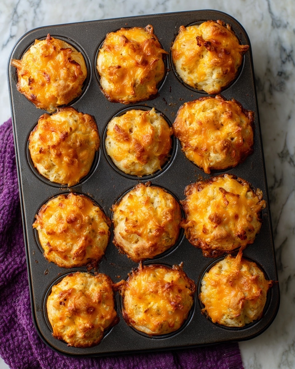 The image shows a black muffin tin holding twelve round, golden-brown baked rolls with a slightly rough texture. Each roll has a soft, puffy dough base that is light beige with small air pockets, topped with a layer of melted, golden-orange cheese that looks bubbly and slightly crispy in parts. Some cheese has dripped down and pooled around the edges of the rolls, creating shiny, yellowish stains on the tin. The background is a white marbled surface with a purple towel partially visible at the bottom left corner. photo taken with an iphone --ar 4:5 --v 7