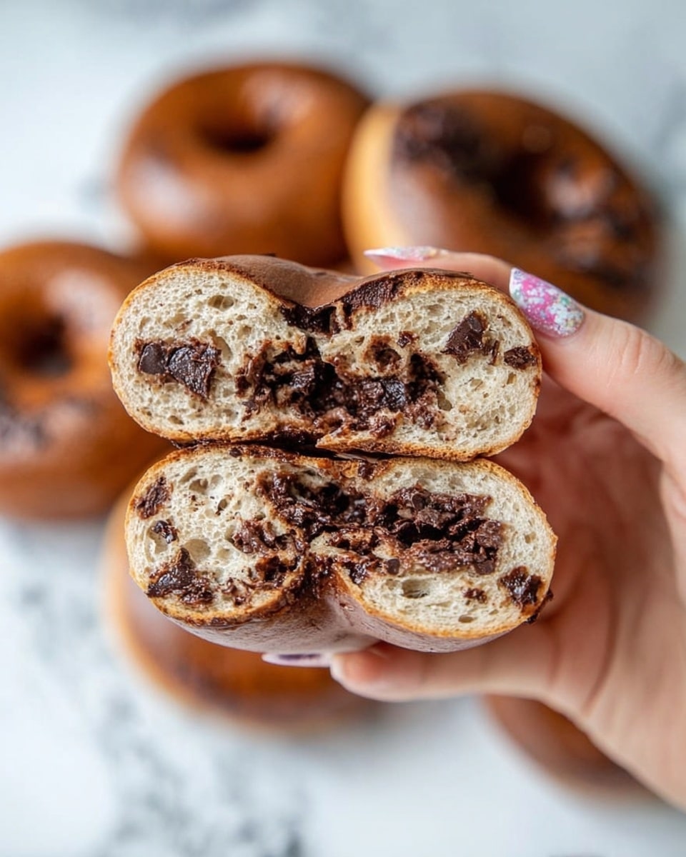 The image shows several round, dark brown bagels with a shiny, slightly textured surface. Each bagel has small dark spots indicating raisins or chocolate chips embedded in the dough. They are placed on a metal cooling rack over a white marbled surface, arranged closely but not overlapping. The bagels have a smooth outer crust with some bubbles, and one bagel is sliced to show its dense, moist interior. photo taken with an iphone --ar 4:5 --v 7