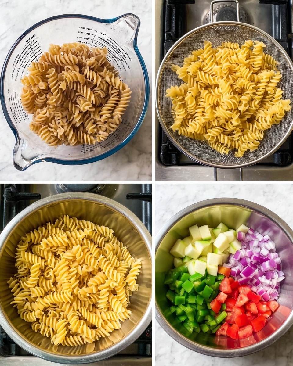 The image shows four pictures in a grid demonstrating pasta preparation. The first photo has dry rotini pasta, light brown in color, inside a clear glass measuring cup with black measurement marks on a white marbled surface. The second photo shows cooked rotini pasta, lighter yellow with a soft texture, sitting in a silver metal strainer placed on a black stove. The third photo features a silver metal bowl containing four chopped ingredients in separate piles: green bell pepper, red tomato, purple onion, and yellow apple, all diced into small cubes. The fourth photo shows the cooked rotini pasta placed on top of the chopped vegetables inside the same silver metal bowl on a white marbled surface. photo taken with an iphone --ar 4:5 --v 7