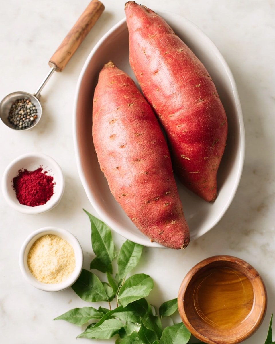 Two large red sweet potatoes with a smooth texture are placed side by side in a white oval dish on a white marbled surface. Around the dish, there are small white bowls holding colorful ingredients: one bowl contains a mix of red, black, and beige powders, another holds a pale yellow powder, and a small wooden bowl with a shiny brown liquid is placed near some fresh green leaves. A wooden spoon with a metal scoop and wooden handle lies nearby. The photo taken with an iphone --ar 4:5 --v 7