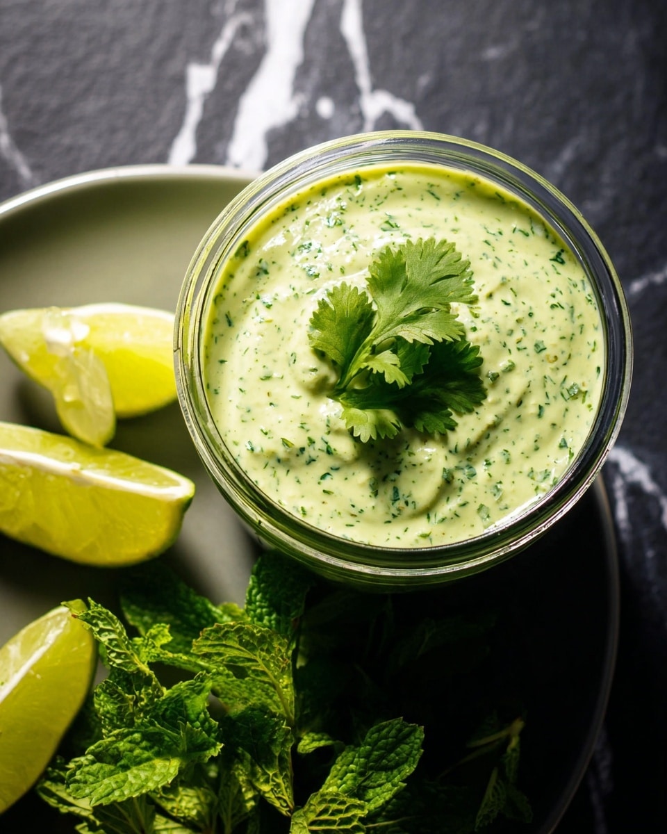 A close-up view of a glass jar filled with a creamy, light green sauce speckled with tiny green herbs, topped with fresh bright green cilantro leaves. The jar is placed on a dark surface with a white marbled texture, next to some lime wedges. In the lower left corner, a white plate holds a few lime slices and fresh mint leaves with a vivid green color. The overall scene is lit by natural light, highlighting the texture and freshness of the sauce and garnishes. Photo taken with an iphone --ar 4:5 --v 7