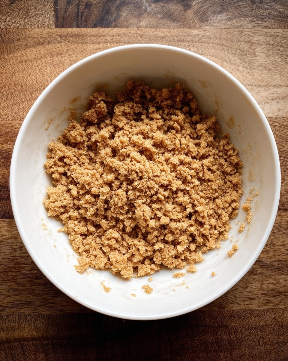 Inside a large white bowl, there is one layer of finely crumbled light brown textured food spread unevenly across the bottom, showing a rough and crumbly surface with small bits scattered around the edges. The bowl sits on a wooden surface but the background is edited to have a white marbled texture. Photo taken with an iphone --ar 4:5 --v 7