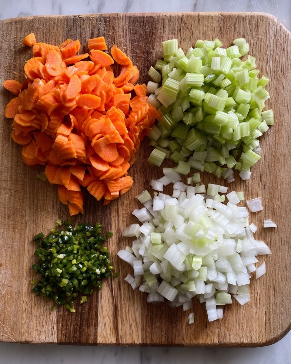 The image shows a wooden board with four piles of chopped vegetables arranged neatly. At the top left, there is a bright orange stack of sliced carrots with a wavy texture. To the right of the carrots is a pile of light green chopped celery pieces, showing their crisp texture. Below the carrots, there is a heap of small white chopped onion cubes, slightly translucent. On the bottom left corner, there is a small cluster of finely chopped dark green jalapeño peppers. The board rests on a white marbled surface photo taken with an iphone --ar 4:5 --v 7