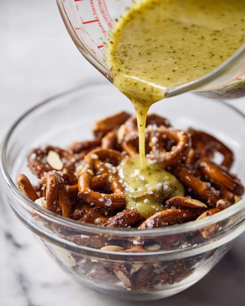 A clear glass bowl filled with broken pieces of pretzel, which have a brown color with a rough texture and some salt crystals. Above the bowl, a transparent measuring cup is pouring a greenish-yellow thick sauce that has tiny green herb bits. The sauce is flowing in a thick stream onto the pretzels. The scene is set on a white marbled surface. photo taken with an iphone --ar 4:5 --v 7