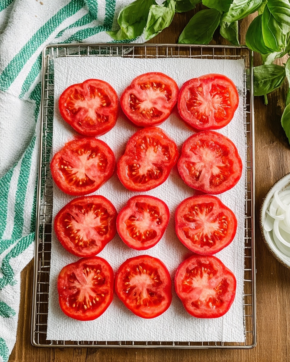 The image shows twelve bright red tomato slices neatly arranged in three rows on a white paper towel on a metal rack. Each slice has visible seeds and watery texture inside, with smooth edges and vibrant red color. The rack is placed on a wooden surface, with a green and white striped cloth folded at the top left corner and fresh green basil leaves and a small bowl with sliced white onions at the bottom right corner. The overall setting looks clean and fresh, with natural light highlighting the tomatoes. photo taken with an iphone --ar 4:5 --v 7