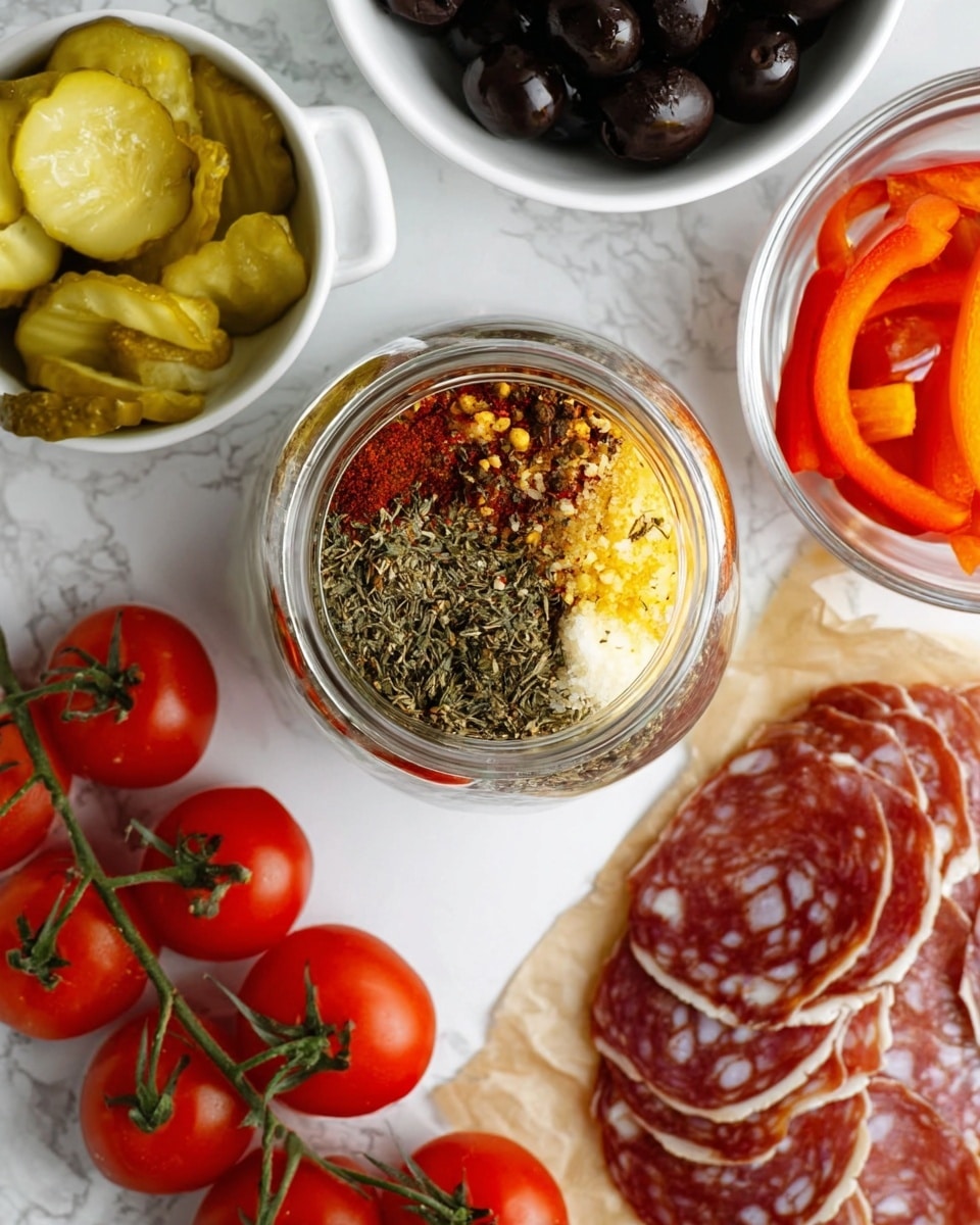 The image shows a top view of various ingredients arranged on a white marbled surface. In the center, a clear jar contains layers of oil, yellow mustard, red seasoning, and a dense sprinkle of dried green herbs on top. To the top left of the jar, there is a white bowl filled with yellow-green pickle slices. To the top right, another white bowl is filled with black olive slices. To the right side, there are orange bell pepper rings in a clear bowl. At the bottom right, a stack of thinly sliced red and white cured meats rests on brown parchment paper. To the bottom left, a bunch of bright red cherry tomatoes still on the vine lay beside the jar. Photo taken with an iphone --ar 4:5 --v 7