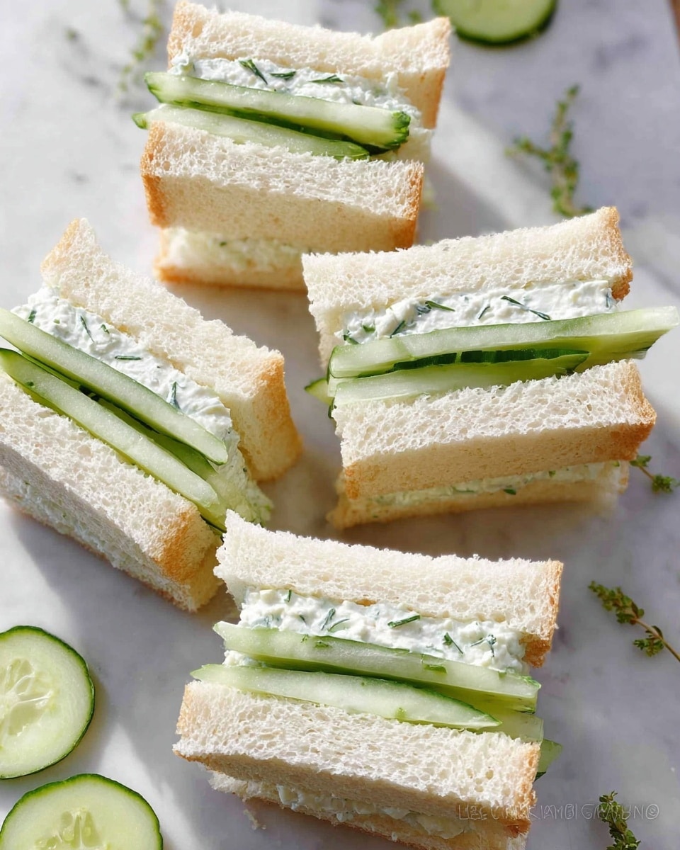 This image shows an open sandwich on a wooden board with a white marbled background. The sandwich has two layers: the bottom layer is a slice of white bread covered evenly with a creamy white spread mixed with green herbs, while the top layer consists of several thin, overlapping cucumber slices arranged neatly on top of the spread. Some fresh dill and green herbs are sprinkled on the cucumbers for garnish. Nearby, there is a clear glass bowl filled with the same creamy spread, with a knife partly dipped in it, and several extra cucumber slices are placed behind the sandwich. Fresh dill sprigs are scattered around the board. photo taken with an iphone --ar 4:5 --v 7