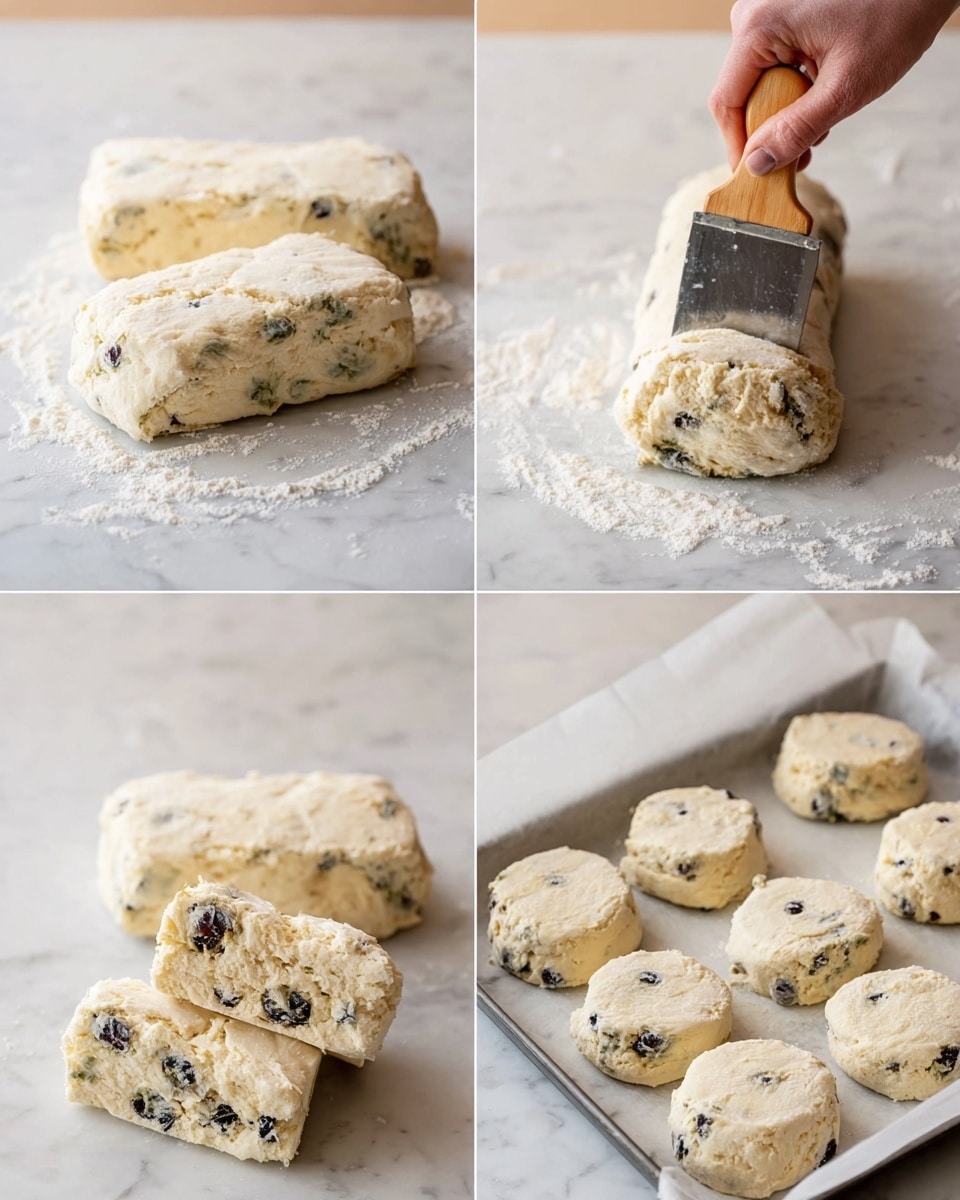The image shows a step-by-step process of making blueberry scone dough on a white marbled surface. The first layer features two rectangular blocks of pale dough with visible blueberries inside, resting on flour-dusted marble. The second layer shows a woman's hand holding a wooden-handled dough scraper, cutting one block of dough in half. The third layer focuses closer on the dough slice, revealing the thick texture mixed with blueberries. The fourth layer shows the dough folded with blueberries clearly seen in the fold edges. The last layer displays several round dough scones, thick and pale with blueberries embedded, placed on white parchment paper in a baking tray. Photo taken with an iphone --ar 4:5 --v 7
