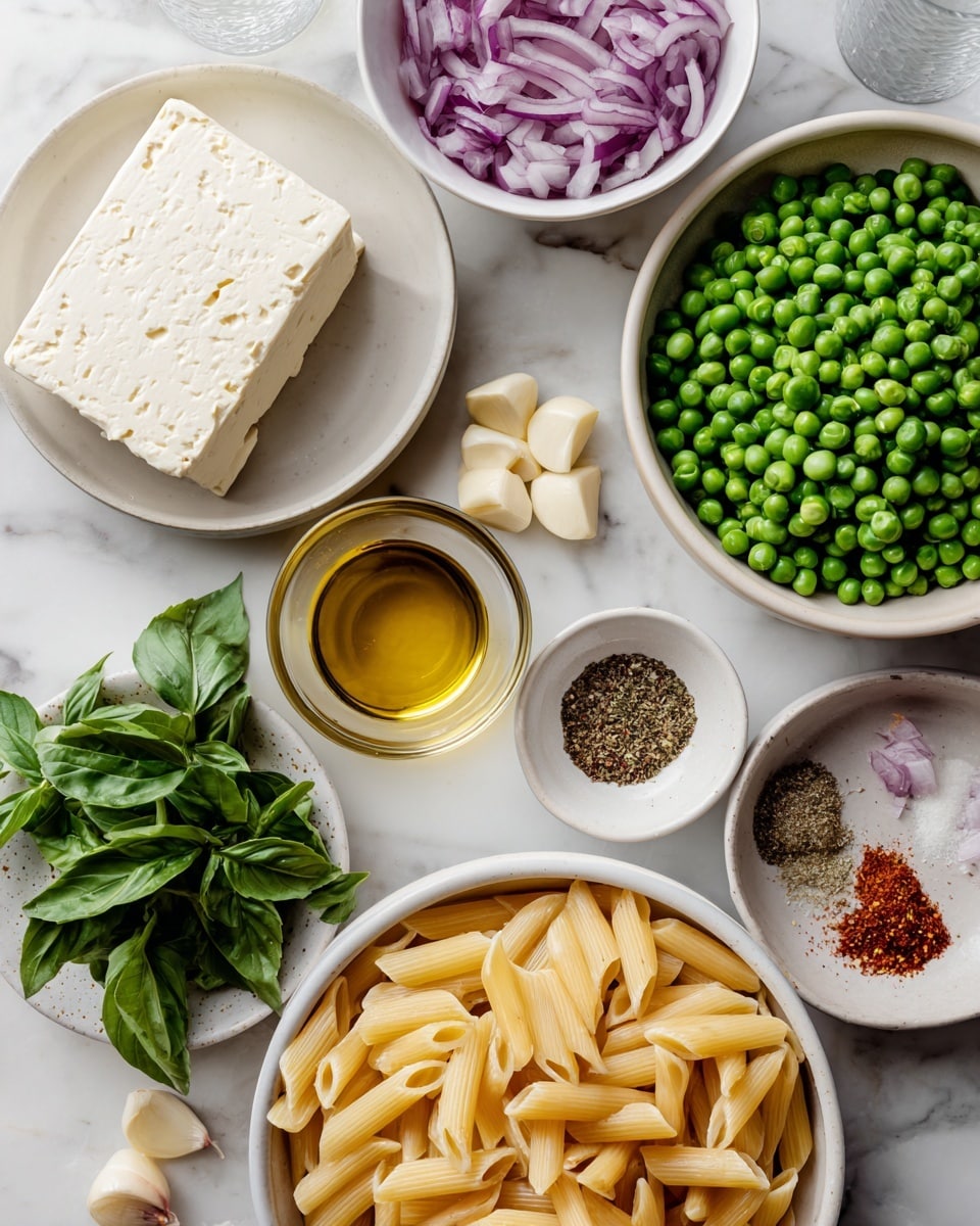 The image shows a white bowl filled with cooked penne pasta at the bottom right. Above it, there is a white bowl with chopped purple onion and peeled garlic cloves on the right side. Next to it, a large white bowl filled with frozen green peas sits at the top right. On the top left, there is a white bowl holding a block of silken tofu. Below that, a white bowl with fresh green basil leaves is placed. Near the center, there is a small glass container with golden oil. Below the basil bowl, there is a small white dish with mixed salt and black pepper. Next to it, another small white bowl contains mixed dried Italian seasoning and bright red paprika. At the bottom left, there is a glass filled with pasta water. All items are set against a white marbled surface. photo taken with an iphone --ar 4:5 --v 7