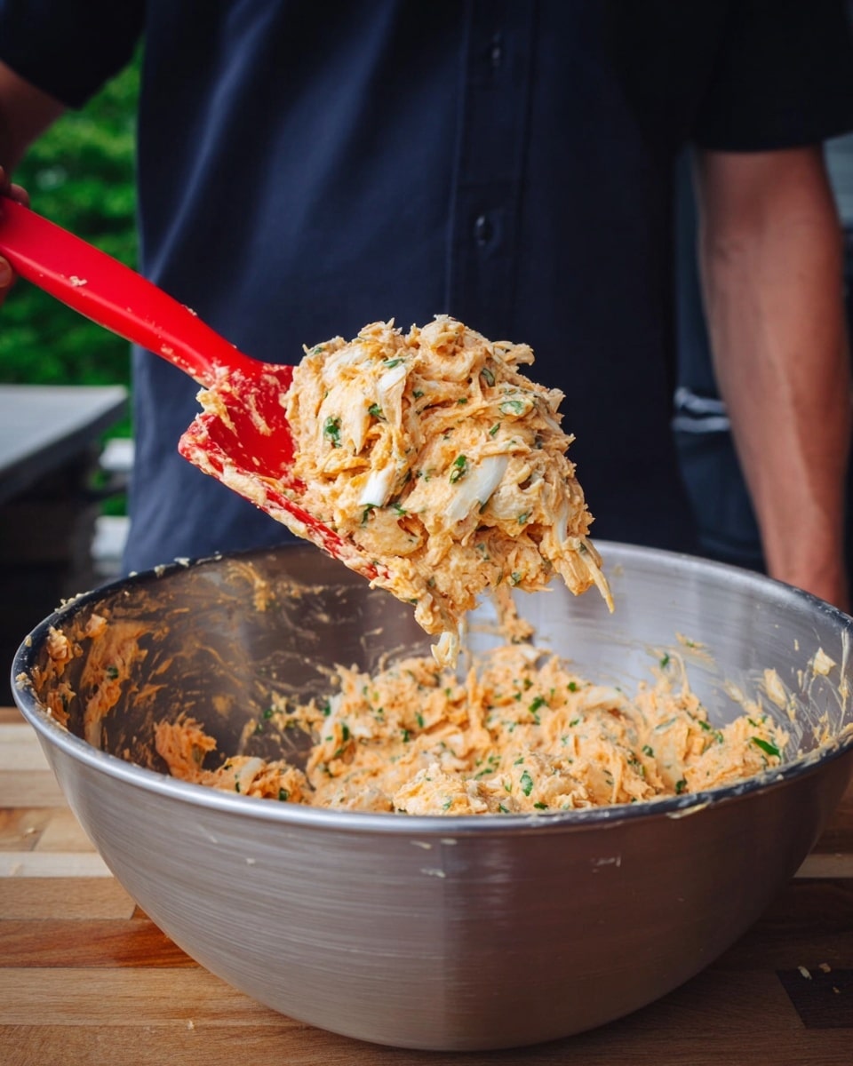 A close-up of a large metal bowl filled with a chunky mixture of light orange and white shredded ingredients with green flecks, held by a red spatula showing a scoop of the mixture above the bowl. The bowl sits on a wooden surface, and a person wearing a dark shirt stands behind it. The mixture looks creamy and textured, with visible small pieces and herbs spread throughout. photo taken with an iphone --ar 4:5 --v 7
