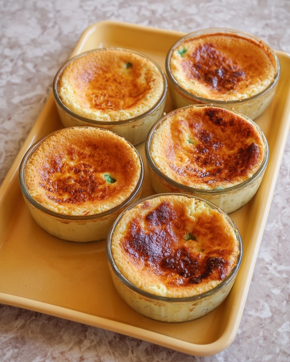 Five glass ramekins filled with a light golden baked dish are placed on a pale yellow tray. Each ramekin shows a slightly puffed, browned top layer with varied textures—some smooth, some slightly cracked or uneven, showing the soft inner part. The baked tops have a darker caramelized center, with the edges lighter and softer, and a few green specks are seen within the mixture. The tray rests on a white marbled textured surface. photo taken with an iphone --ar 4:5 --v 7