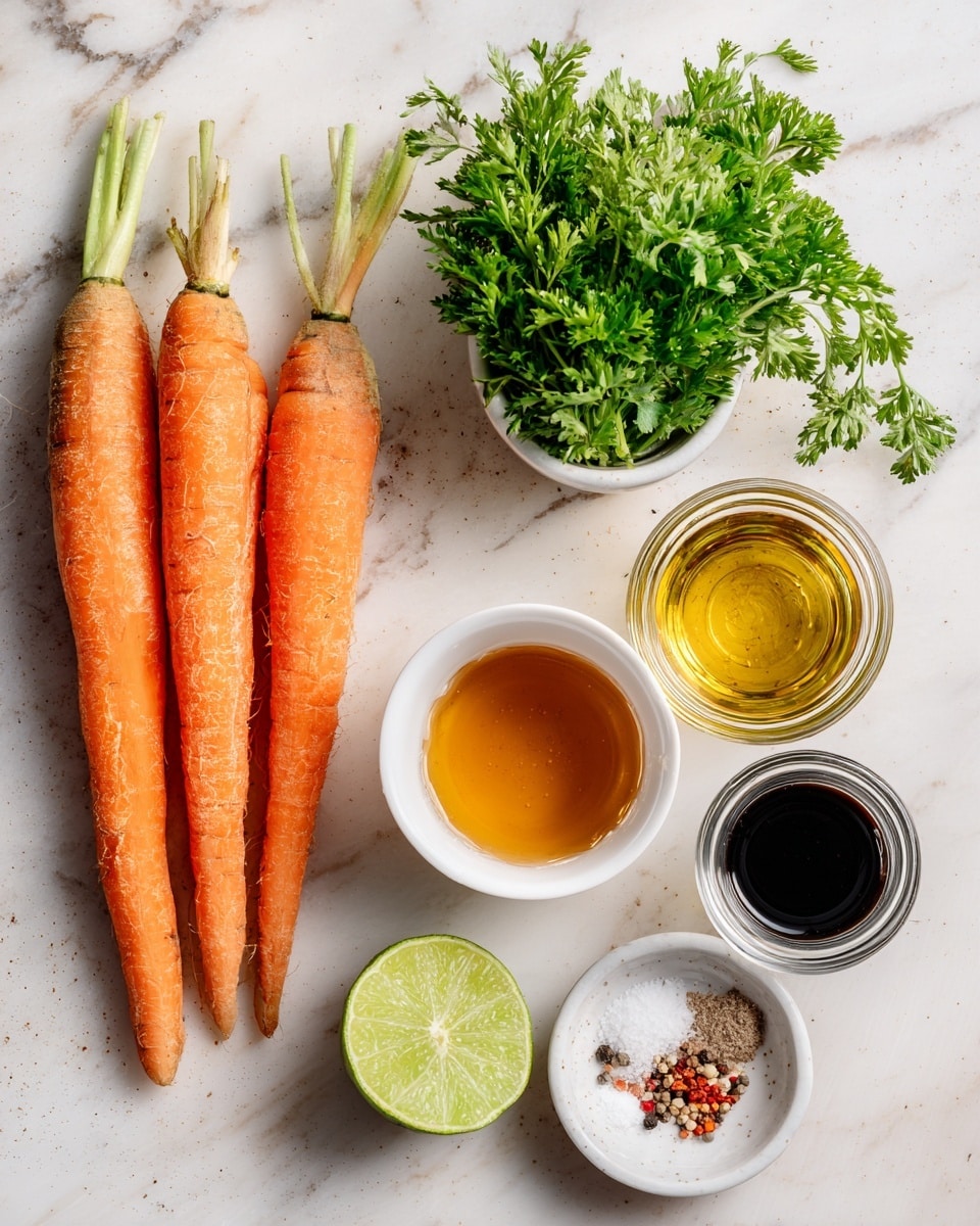 Two long orange carrots lie side by side on a white marbled surface on the left side. To their right, a small white bowl holds a bunch of fresh green parsley leaves at the top. Below it, there are three small glass jars: one with clear agave syrup at the top right, one with golden yellow oil in the middle, and one with dark balsamic vinegar at the bottom. Below these jars, a white bowl contains light brown apple cider vinegar. Near the bottom left corner, a half lime with bright green inside is placed next to a small white dish holding three separated piles of salt, black pepper, and crushed red pepper flakes. The image is clear and bright with a natural look, on a white marbled surface. Photo taken with an iphone --ar 4:5 --v 7