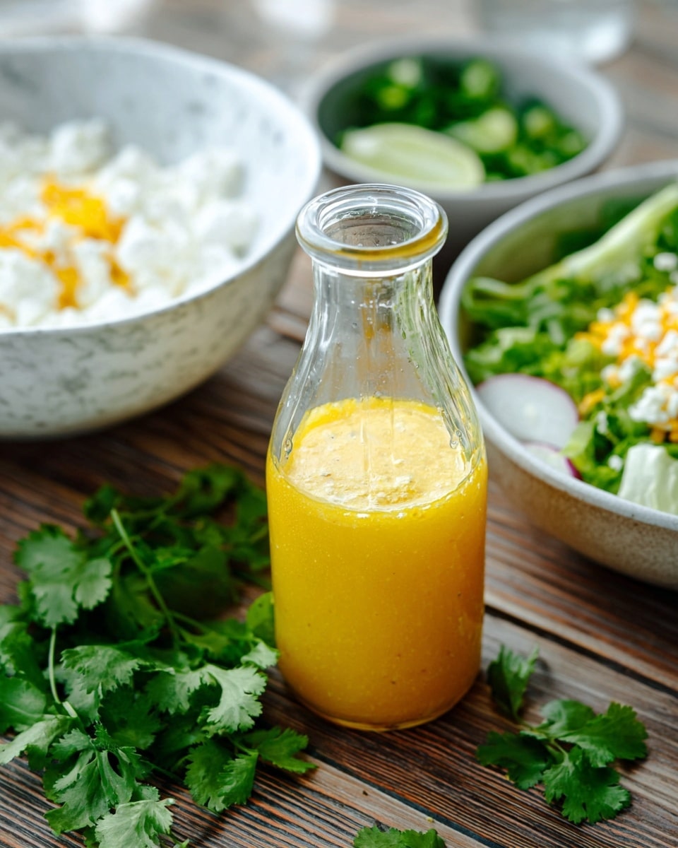A clear glass bottle filled halfway with bright yellow dressing with a slightly thick texture sits on a wooden table, surrounded by fresh green cilantro leaves scattered around. Behind the bottle, a white bowl holds white crumbled cheese with some small yellow bits on top. To the right, partially visible, is a white bowl containing a layered salad with light yellow, white, and green ingredients, giving a fresh and vibrant look. The overall scene is set on a white marbled surface. photo taken with an iphone --ar 4:5 --v 7
