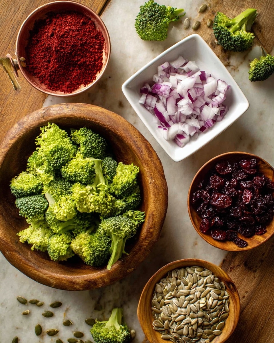 The image shows a wooden table with five bowls of different sizes containing food ingredients, all placed on a white marbled textured surface. The largest bowl at the bottom left is wooden and filled with bright green broccoli florets. To the top left, a copper bowl holds a deep red powdery spice. In the center, a square white bowl contains chopped purple and white onions, while another similar white bowl on the bottom right holds dark, wrinkled dried cranberries. To the top right, a wooden bowl is filled with light brown sunflower seeds. Small pieces of broccoli are scattered around the bowls on the table. photo taken with an iphone --ar 4:5 --v 7